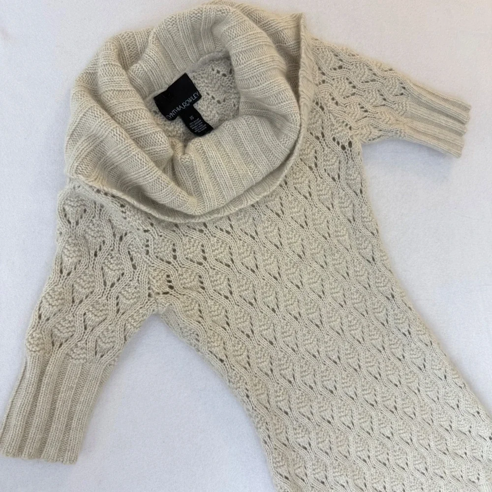 Cynthia Rowley Beige Angora Wool Blend Cowl Neck Cable Knit Sweater Dress XS - Picture 9 of 13